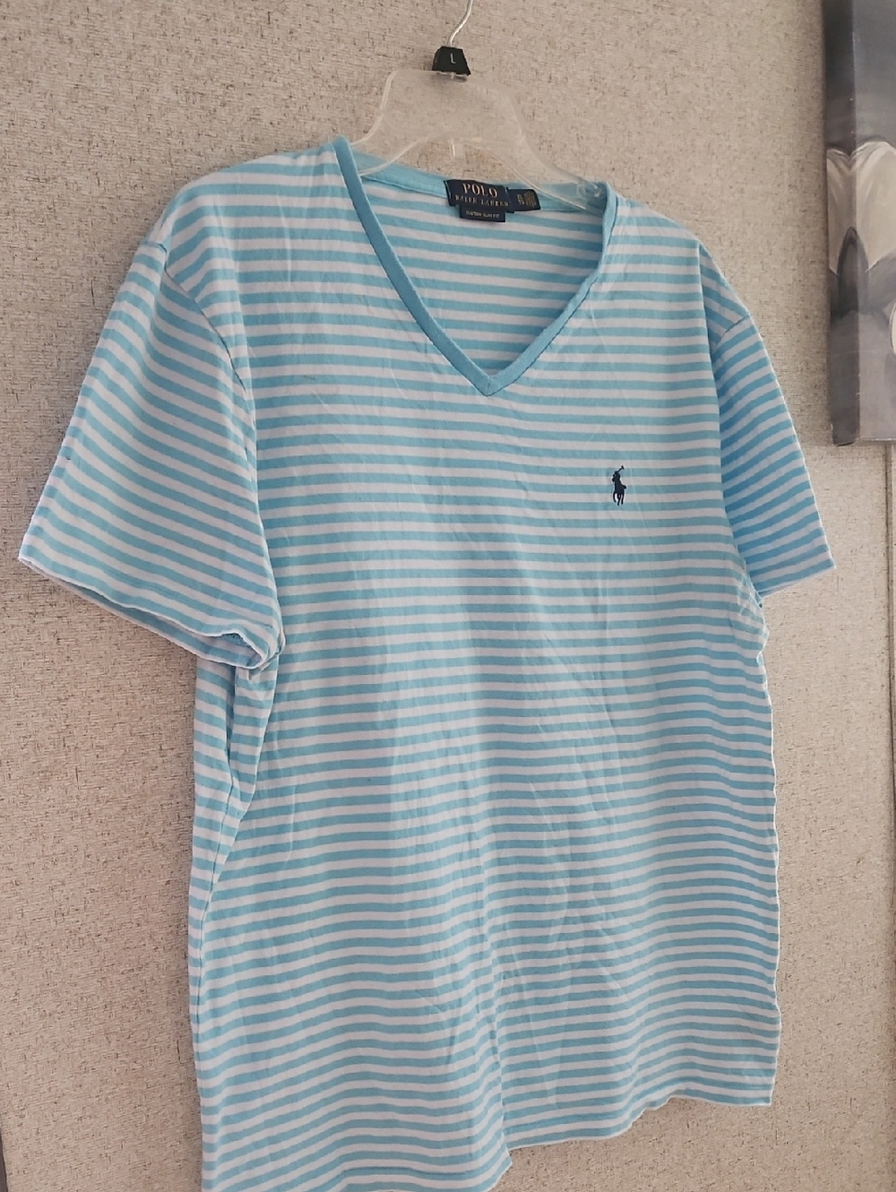 Polo by Ralph Lauren Light Blue and White Striped V-Neck Tee